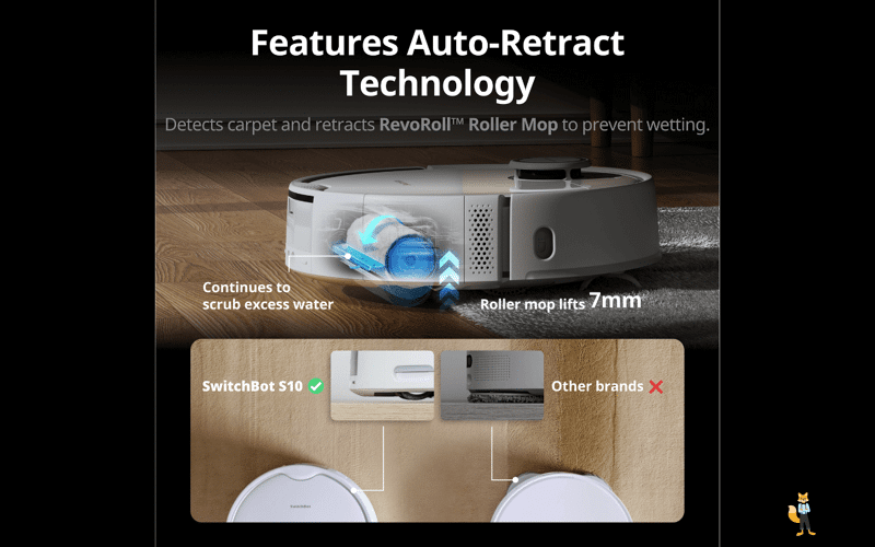 Die Walze des SwitchBot S10 wird beim Befahren eines Teppichs um 7 mm angehoben.