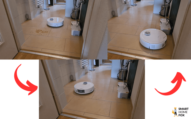Das Extremwischtest-Ergebnis des SwitchBot S10 auf den Fliesen ist zu sehen.