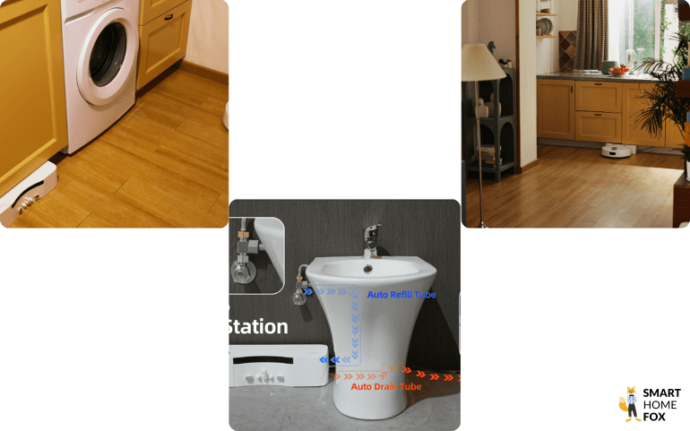 Die verschiedenen Installationsgebiete der Wasserstation des SwitchBot S10 sind zu sehen.