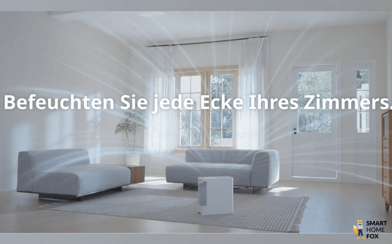 Kalte Luft steigt vom Switchbot Luftbefeuchter nach oben auf, veranschaulicht durch blaue Pfeile.