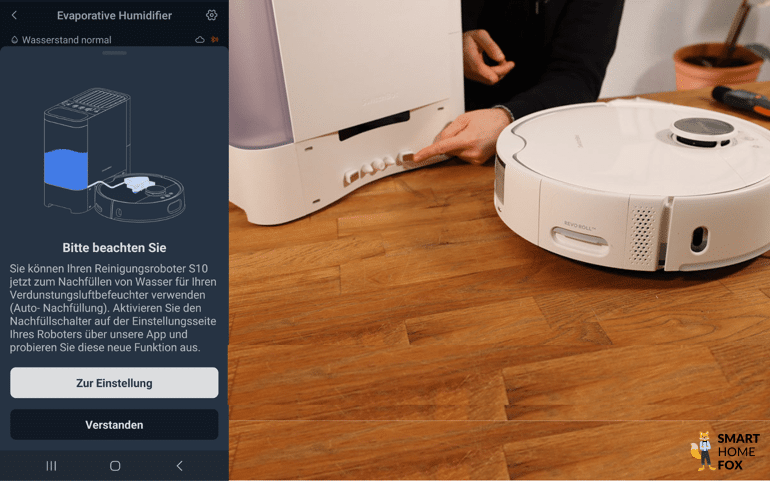 Der SwitchBot S10 Saug-Wisch-Roboter beliefert den SwitchBot Luftbefeuchter mit Wasser.