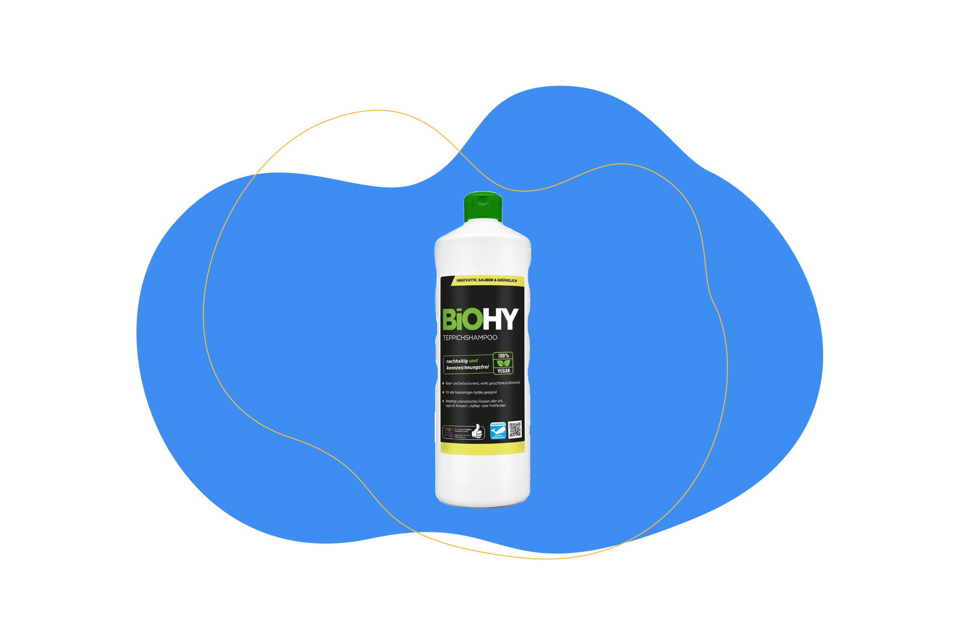 Man sieht eine Flasche des Teppichshampoos von Biohy.