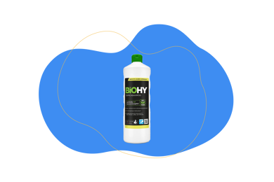 Man sieht eine Flasche des Teppichshampoos von Biohy.