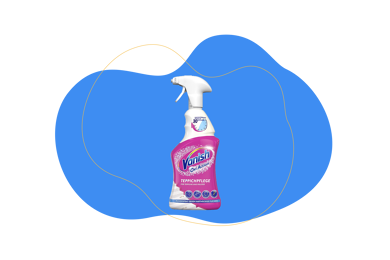 Man sieht eine Sprühflasche des Vanish Oxi Action Teppichpflege.