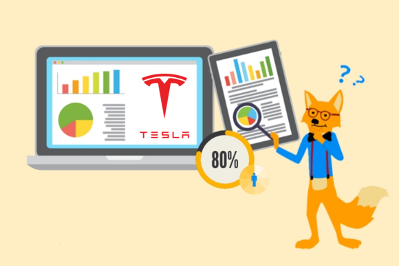 Smarter Fuchs schaut sich mit einer Lupe die Tesla Statistiken an