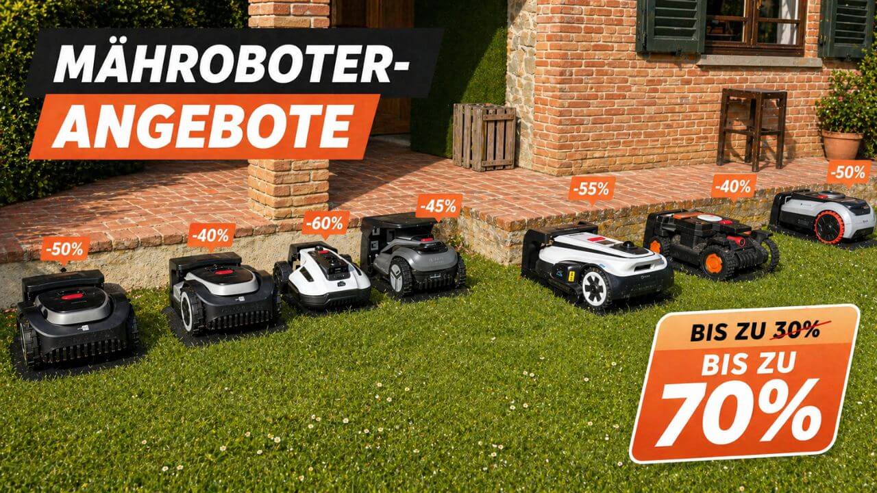 Die besten Mähroboter Angebote sind ausgestellt, zahlreiche Mähroboter verschiedener Marken stehen nebeneinander und sind stark reduziert