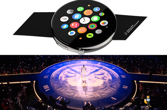 Apple Watch in rund, darunter Superbowl Halftime Show Bühne 2024