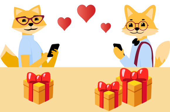 Smart Home Fuchs und Füchsin mit Handy neben herzen und Geschenken