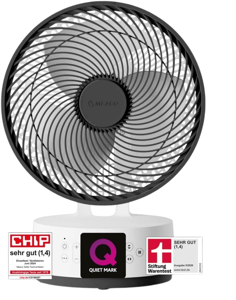 MeacoFan Sefte 10 Tischventilator Stiftung Warentest Testsieger vor einem weißen Hintergrund
