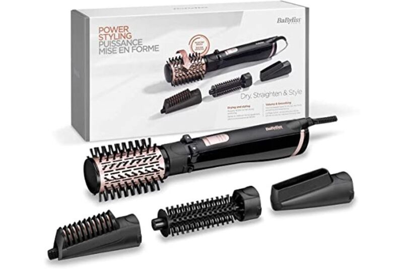 Man sieht den Lieferumfang der Babyliss AS200E Warmluftbürste.