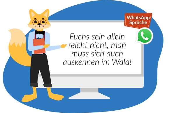 Smart Home Fox mit Klemmbrett zeigt auf Bildschirm mit Spruch und WhatsApp Icon