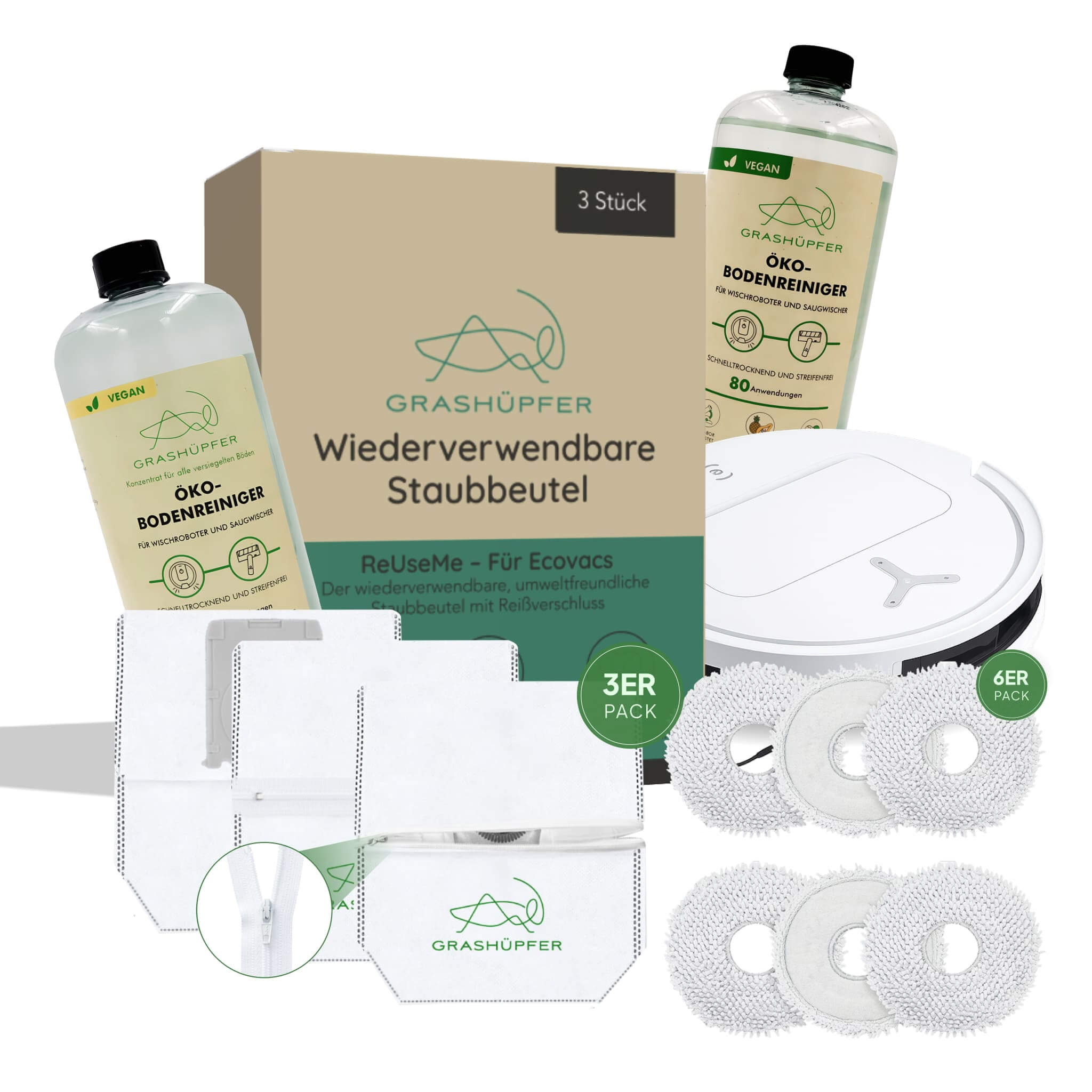 Das Grashüpfer Mix & Match Set für ECOVACS DEEBOT Saugroboter besteht aus 1x Öko-Bodenreiniger, 6x Wischpads oder 2x Bodenwalze und 3x wiederverwendbare Staubbeutel.