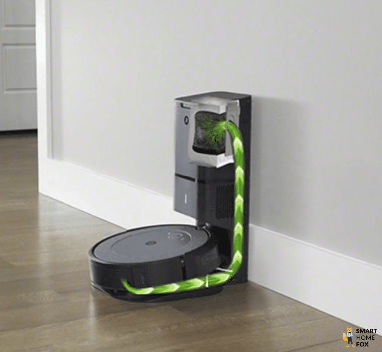 Die Funktionsweise der Absaugstation eines iRobot Roomba i3+ ist zu sehen.