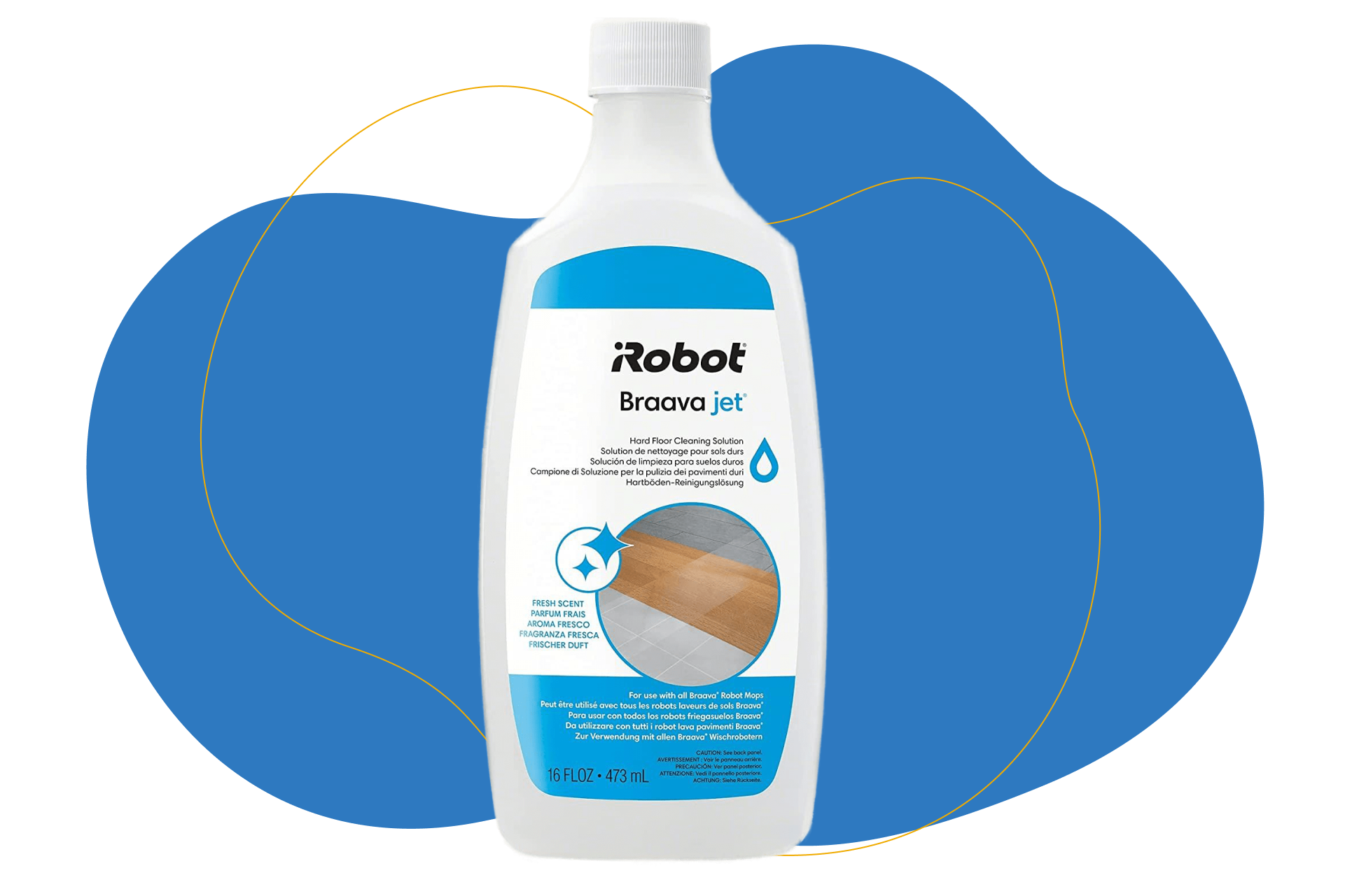 Eine Flasche der iRobot Reinigungslösung ist vor einem weißen Hintergrund zu sehen.