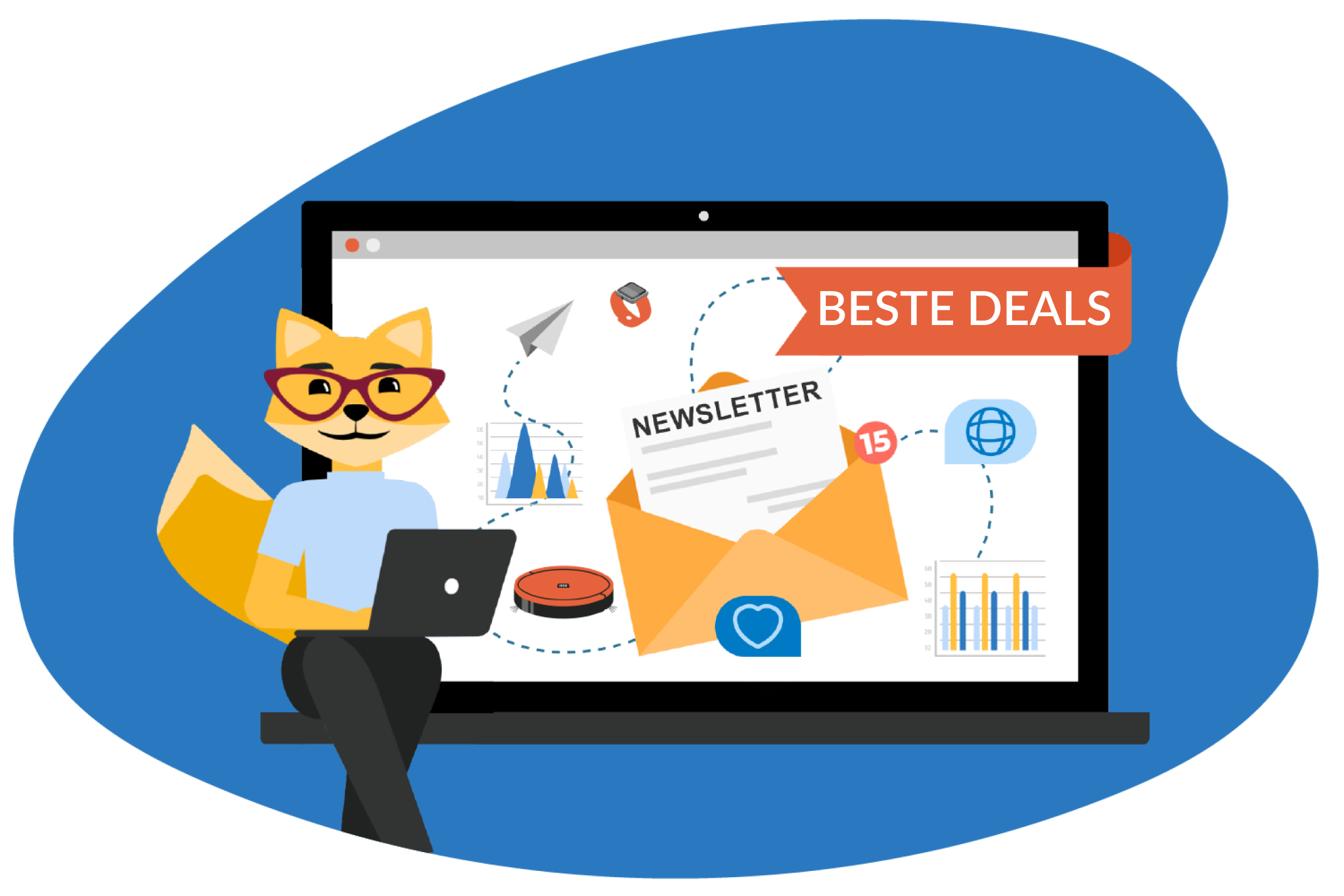 Smart Home Fox neben Bildschirm mit Newsletter