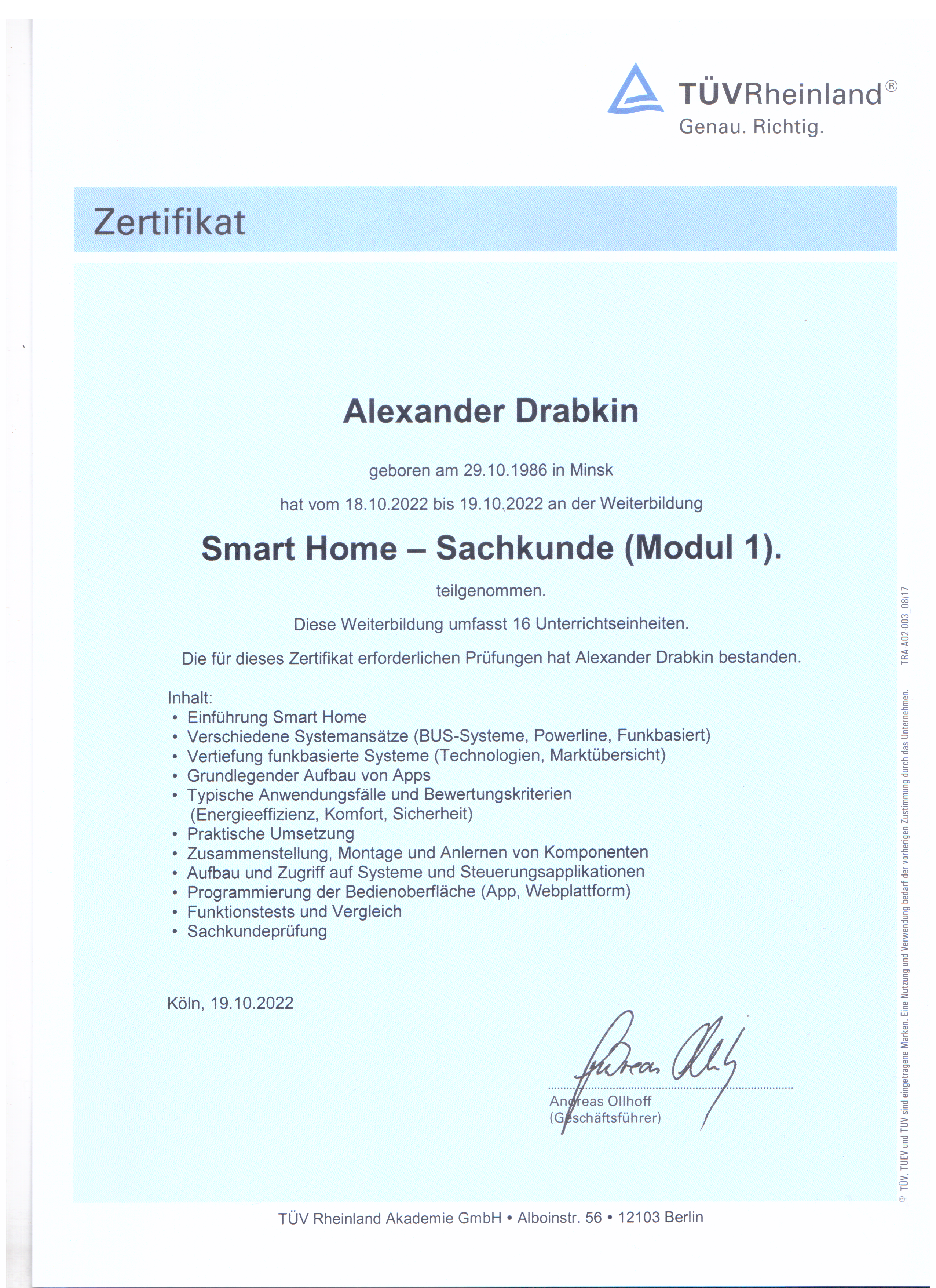 TÜV Zertifikat Teilnahmebestätigung Alexander