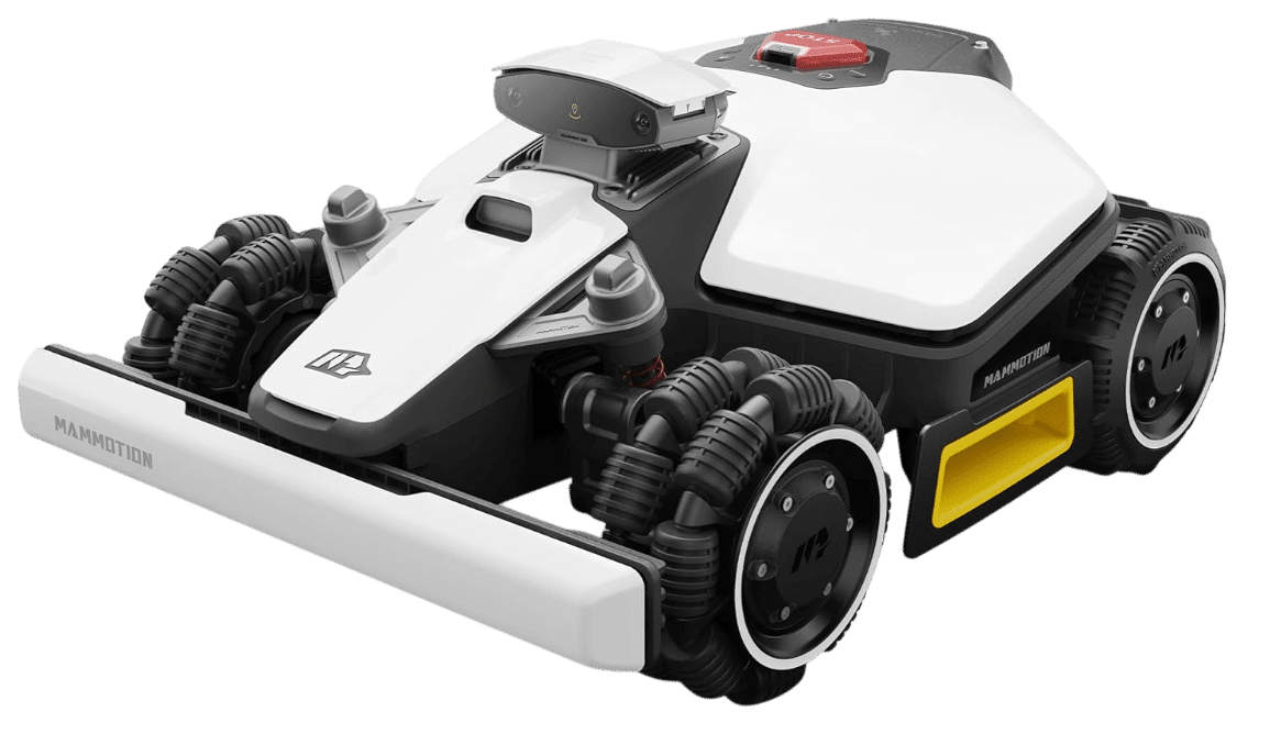 Der Mammotion LUBA MIni AWD 800 Mähroboter, der aussieht wie ein kleiner, weißer F1 Rennwagen, ist einzeln in der Nahaufnahme zu sehen.