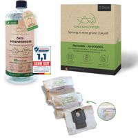 Das Grashüpfer ECOVACS DEEBOT Nachfüllset, besteht aus 1x Öko Bodenreiniger Flasche und 3x ReUseMe Staubbeutel für ECOVACS DEEBOT Saugroboter.