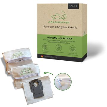 Die Grashüpfer ReUseMe wiederverwendabre Staubbeutel für ECOVACS DEEBOT Saugroboter sind zu sehen neben der Verpackung.
