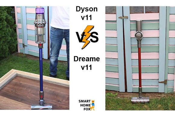 Dreame V11 und Dyson V11 stehen sich auf dem Bild gegenüber.